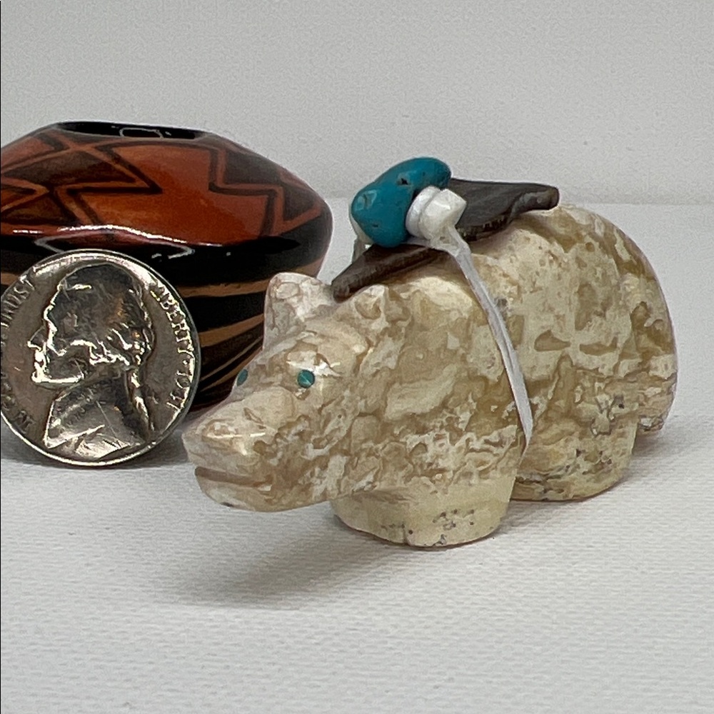 Carved Stone Bear Figurine with Turquoise Accents